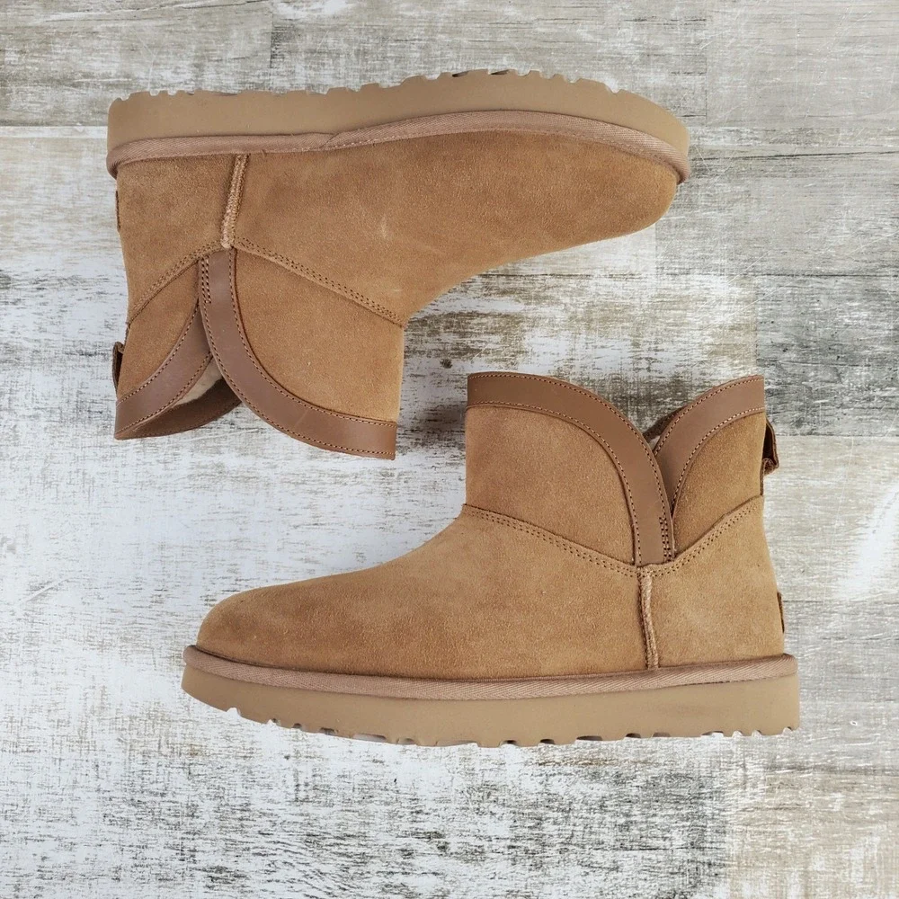 UGG Classic Mini Lunara Womens Snow Boots Sz 9 Chestnut Suede Pull On Round Toe